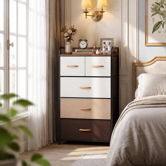 5-Drawer Fabric Dresser, with Removable Bins, Metal Frame, Anti-Tip Design, Wipe-Clean Top