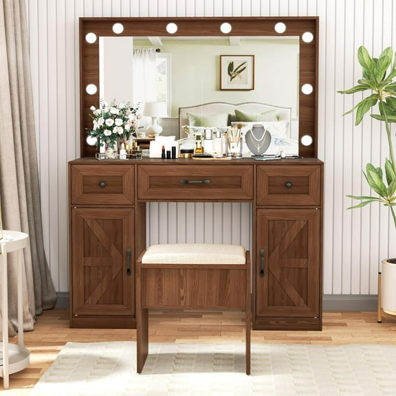 SUNCROWN Vanity Set with Lighted Mirror Makeup Dressing Table with 10 Light Bulbs and Cushioned Stool, Brown