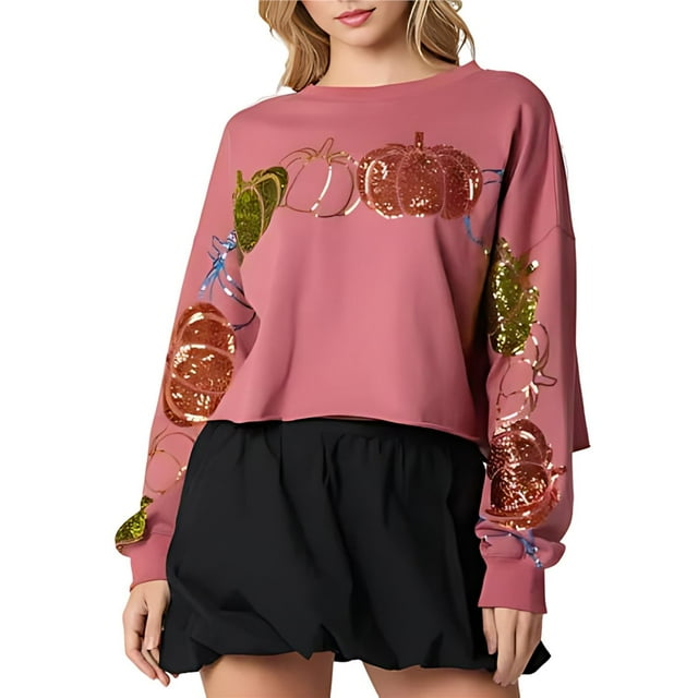 Sudadera de Halloween con Lentejuelas para Mujer, Larga, Purpurina Brillante, Calabaza, Fantasma, Suéter Feo de Halloween. Color Rubor XXL