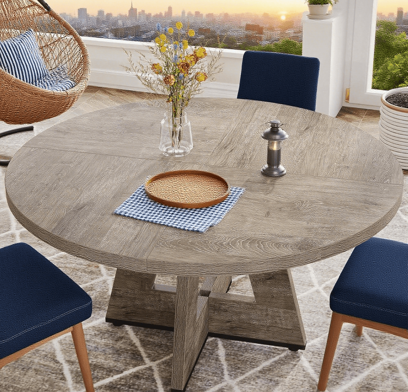 47" Round Dining Table for 4, Wooden Farmhouse Kitchen Table, Sturdy Dinner Table for Family Meals & Gatherings