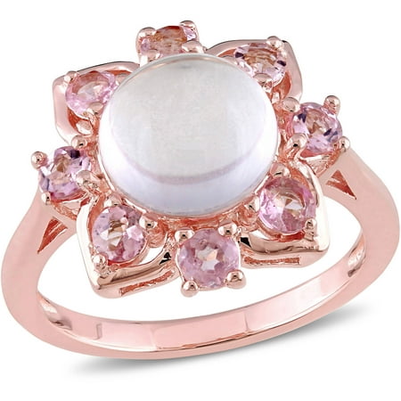 Tangelo 3-2/5 Carat T.G.W. Rose Quartz and Pink Tourmaline Rose Rhodium-Plated Sterling Silver Floral Ring