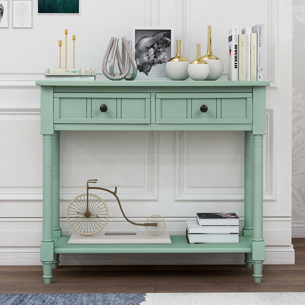 Kepooman Daisy Series Wooden Console Table with 2 Drawers & Bottom Shelf for Entryway, Acacia Mangium, 35.43" L x 13.8" W x 29.9" H, Retro Blue Kepooman Daisy Series Wooden Console Table with 2 Drawers & Bottom Shelf for Entryway, Acacia Mangium, 35.43" L x 13.8" W x 29.9" H, Retro Blue