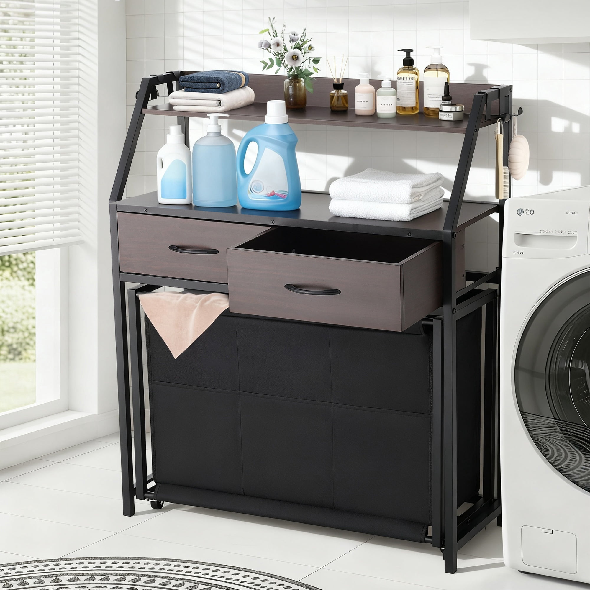 Laundry Hamper with Wheels, 3 Section Rolling Laundry Sorter with Solid Wood Drawers & Top Storage Shelf, Pull-Out Laundry Bags Organizer for Laundry Room, Bathroom, Bedroom, 120L