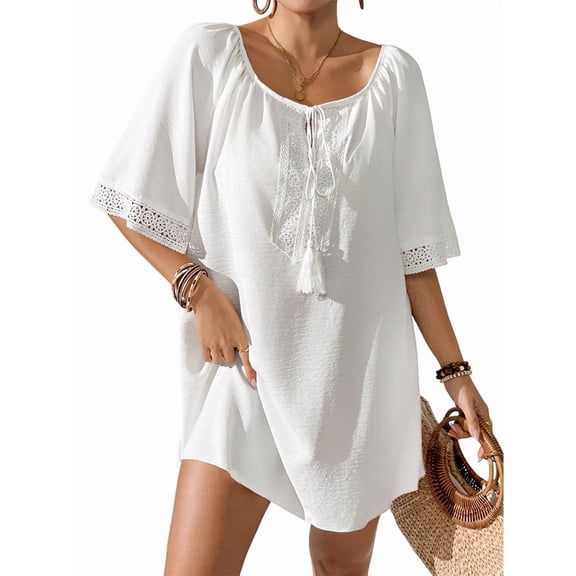 Womens Swimsuit Coverup Lace Crochet V Neck Bathing Suit Cover Up Dress Beach Cover Ups for Swimwear White L