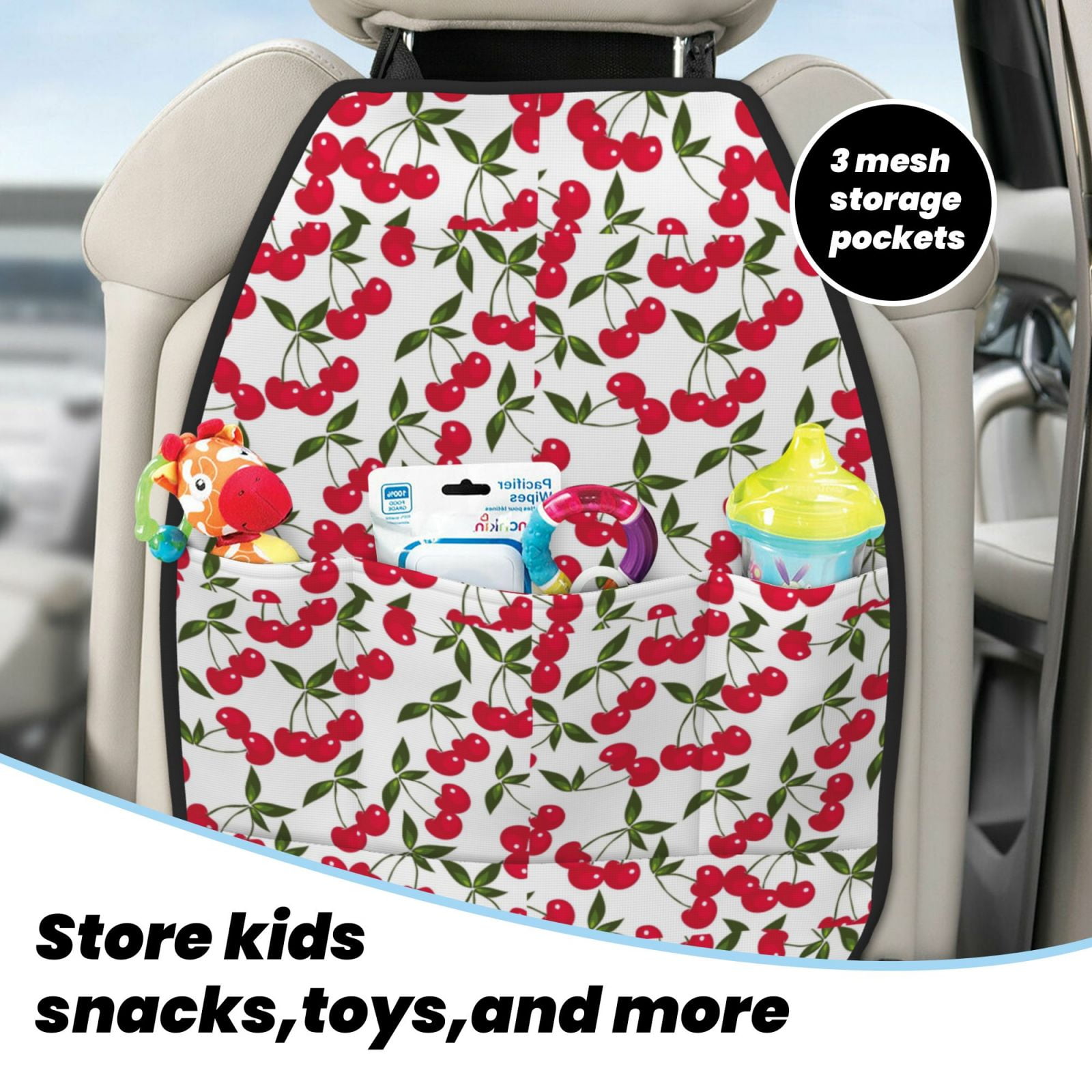 Kdxio Cherry_1 Print 2 Pack Car Kick Mat Seat Cover Back Protector Mat with Pockets for Organizer Backseat Protector and Storage Anti Kick Pad for Vehicles