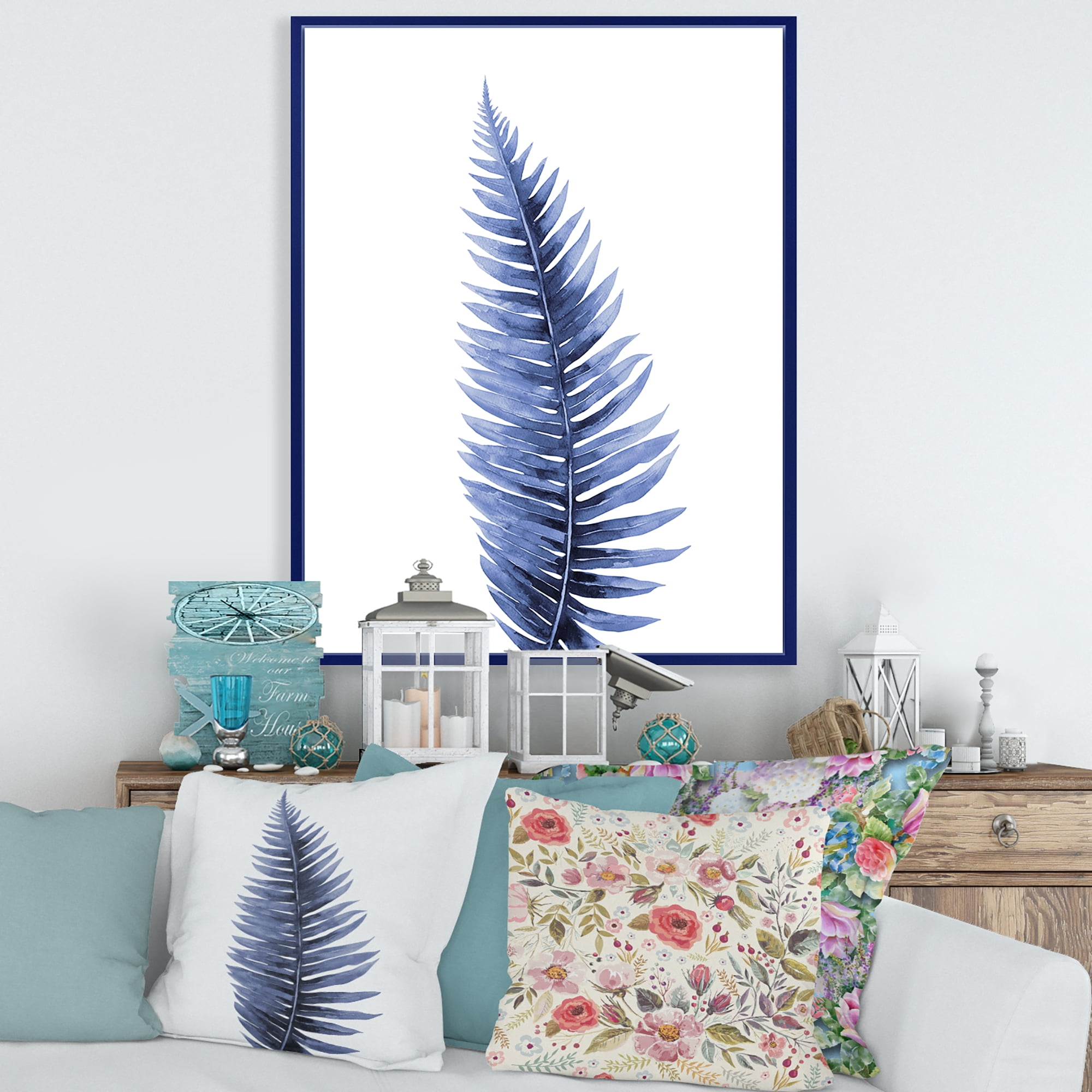 Designart 'Tropical Blue Watercolour Leaves On White' Bohemian & Eclectic Framed Canvas Wall Art Print