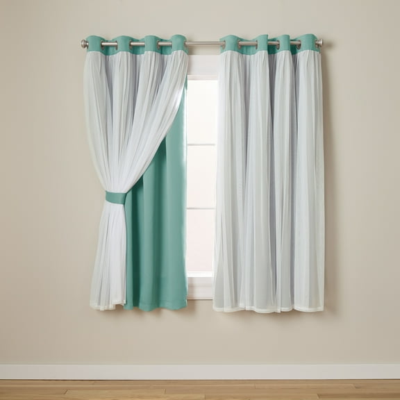TOWN & COUNTRY LUXE Talia Double Layer Indoor Curtains, Sheer and Room Darkening Blackout, Grommet Top, Energy Efficient, 2-Pack Set, 52"x63", Turquoise