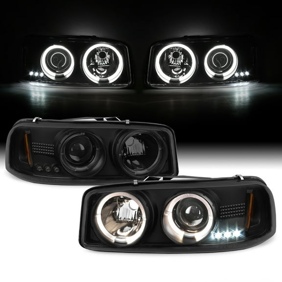AKKON - For GMC Sierra Yukon Denali Pickup Black Smoke Halo Ring LED Projector Replacement Headlights Left/Right