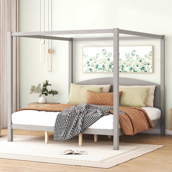 Imerelez Canopy Platform Bed with Headboard and Support Legs, King Size, Grey Wash