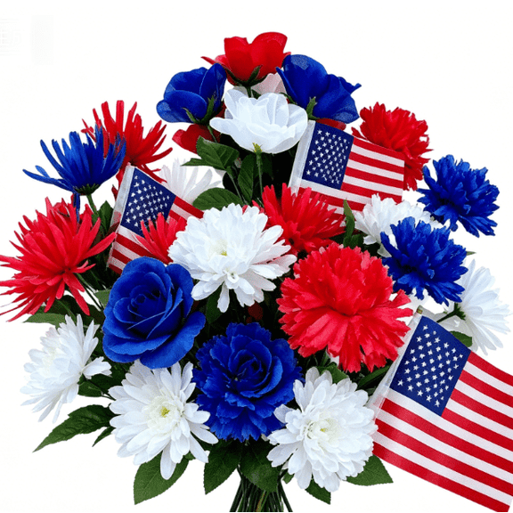 3Pcs Cemetery Flowers for Grave, Artificial Red Blue White Lilac Patriotic Silk Memorial Day Flowers for Cemetery Veterans Day 4Th Of July Independence Day Table Centerpiece(Mix)