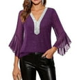 thumbnail image 5 of Pxkloy Womens Sequin Dressy Tops Lightweight Mesh Party Evening Blouses 3/4 Ruffle Sleeve V Neck Casual Shirts 2025 Purple,XXL, 5 of 8