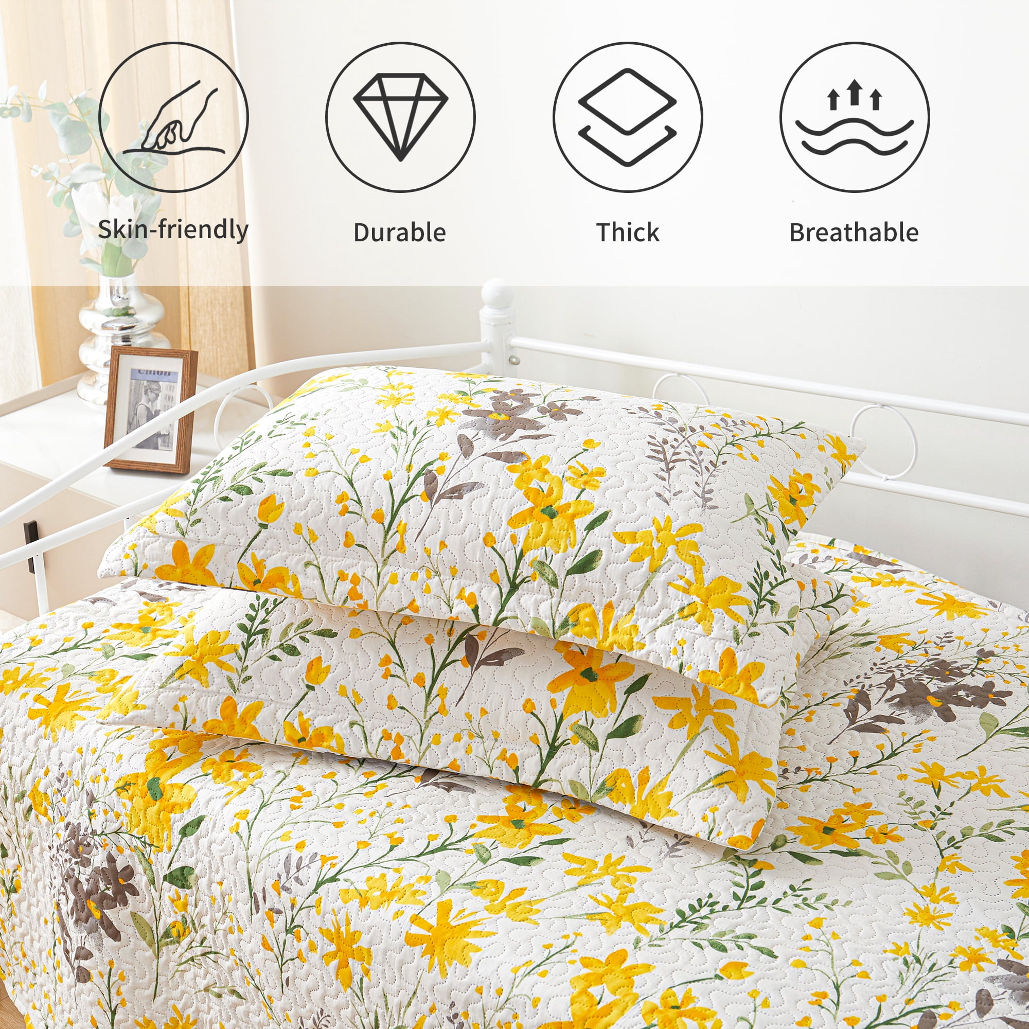 Smuge 3 Piece Daybed Cover Set, Double Sided Quilting Classic Design for All Season, Matching 2 Shams, 39"x75", Yellow Flower