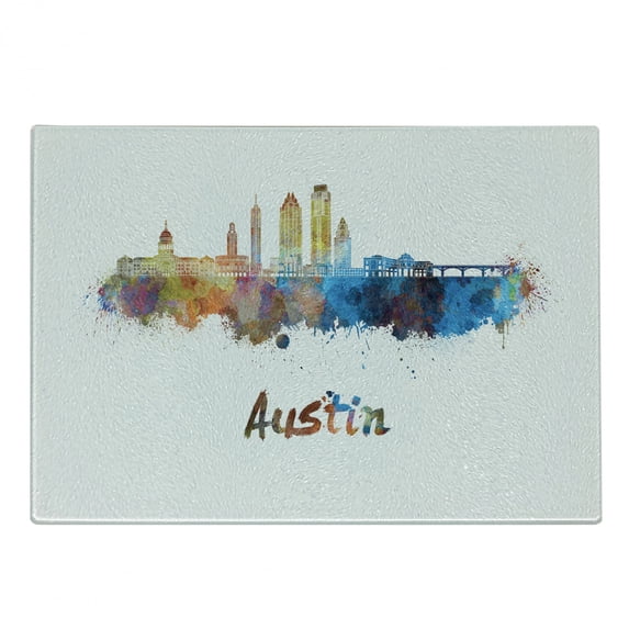 Austin Cutting Board, Typographic Design with Paint Splatters Illustrated in an Composition, Decorative Tempered Glass Cutting and Serving Board, in 3 Sizes, by Ambesonne
