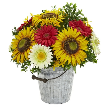 Gerber Daisy Flower Arrangements - 16” Sunflower and Gerber Daisy Artificial Arrangement in Metal Bucket