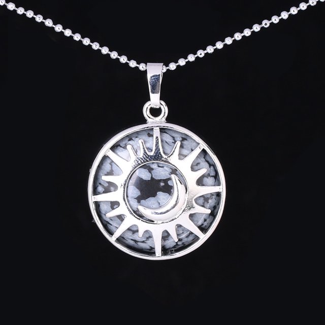 Pendant Flat Bead Natural Stone Crystal Quartz Silver Color Necklace Women Men