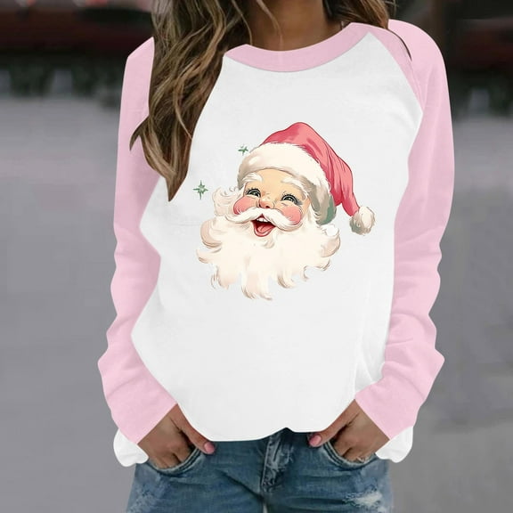 VKOYWKM Christmas Sweatshirts Women Oversized Sweatshirt Cute Merry Xmas Santa Claus Print Long Sleeve Crew Neck Holiday Pullover Casual Fall Winter Sweatshirt