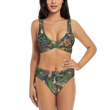 Zeuib Forest Animals And Plants High Waisted Tummy Control Bikini Set - Knot Front Push Up Top & Cheeky Thong Bottom  Two-Piece Swimsuit for Women-Large