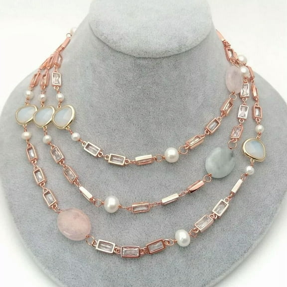 K-KED White Pearl Mixed Color Oval Morganite Rose Gold Chain Necklace 51''