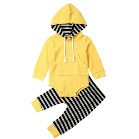 

Gwiyeopda Toddler Baby Boy Hooded Long-Sleeves Romper Top + Stripes Casual Pants 2Pcs Autumn/Winter Outfit 0-2 Years
