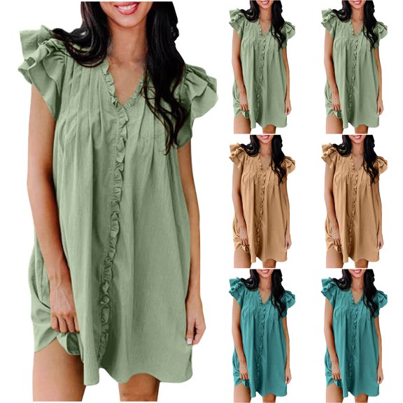 Abtuhar Women Summer Dresses 2024,Casual Dresses for Women,Women Casual Ruffle Short Sleeve V-Neck Solid Dresses
