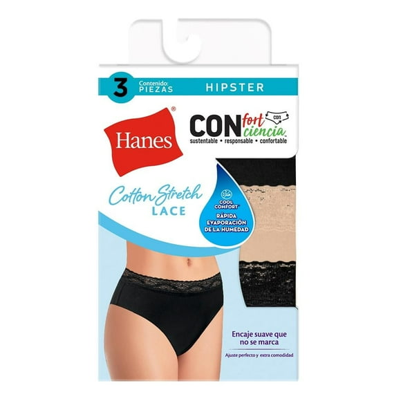 Pantaleta Hanes para Mujer, Corte Hipster Lace Multicolor 3 Piezas Talla EG/8