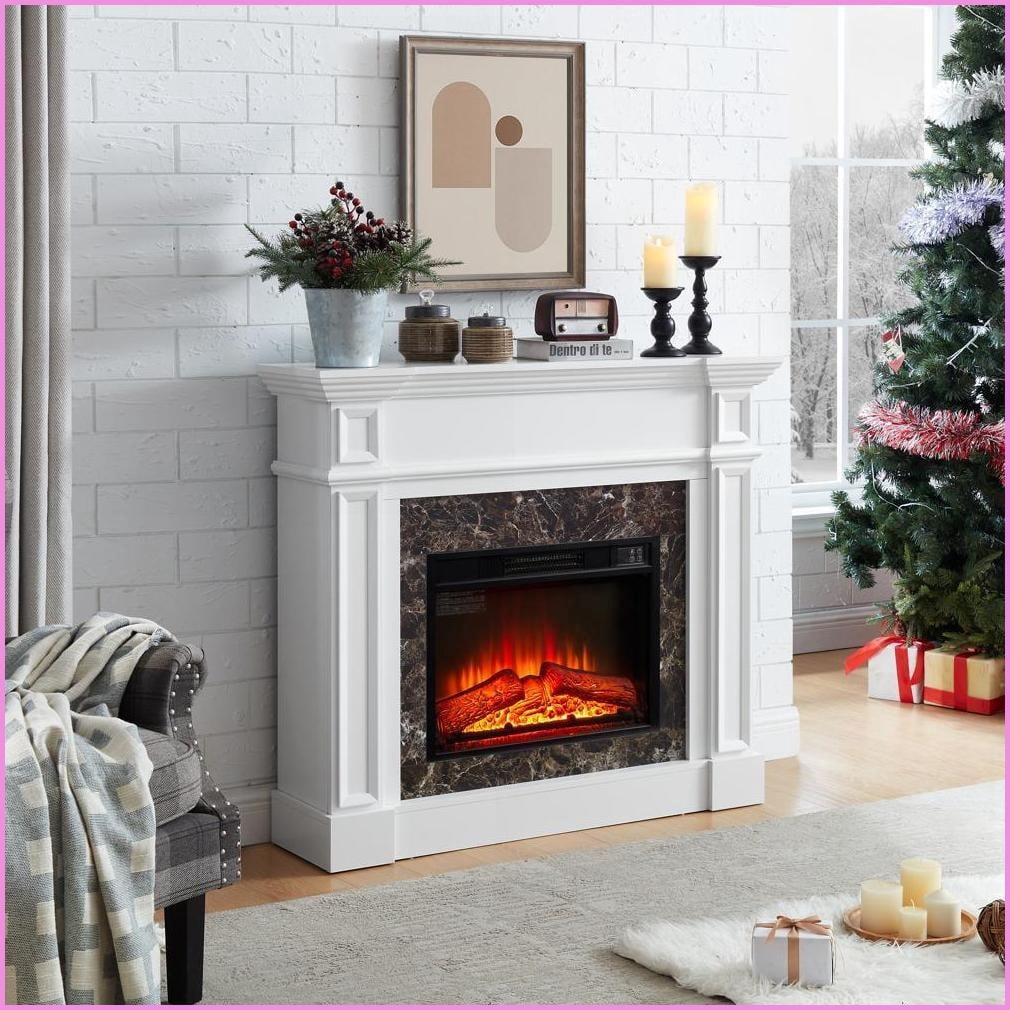 Electric Fireplace Mantel, 45.7”W Freestanding Heater with Remote, Timer, LED Flame | White | MDF