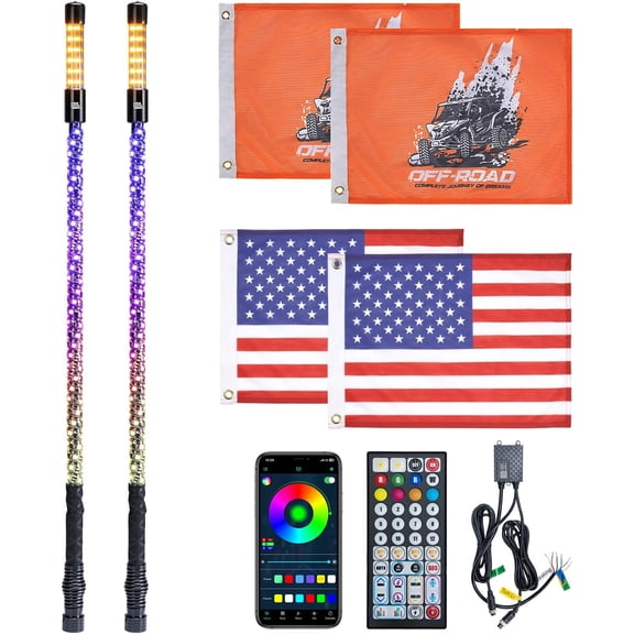 KEMIMOTO 2Pcs 3FT LED Whip Lights w/ Top Warning Strobe & SOS Mode Music & DIY Light w/ App & Remote Control Compatible with Polaris RZR Sportsman Ranger Can-Am X3