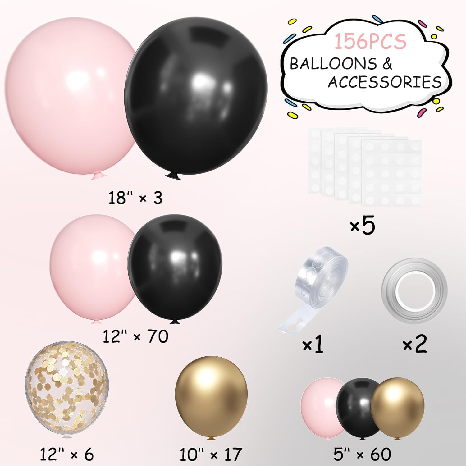 Black Pink and Gold Balloon Garland Arch Kit, 156 Pastel Pink Matte Black Metallic Gold Balloons for Women Girls Party Birthday Wedding Bridal Shower Bachelorette Anniversary Graduations