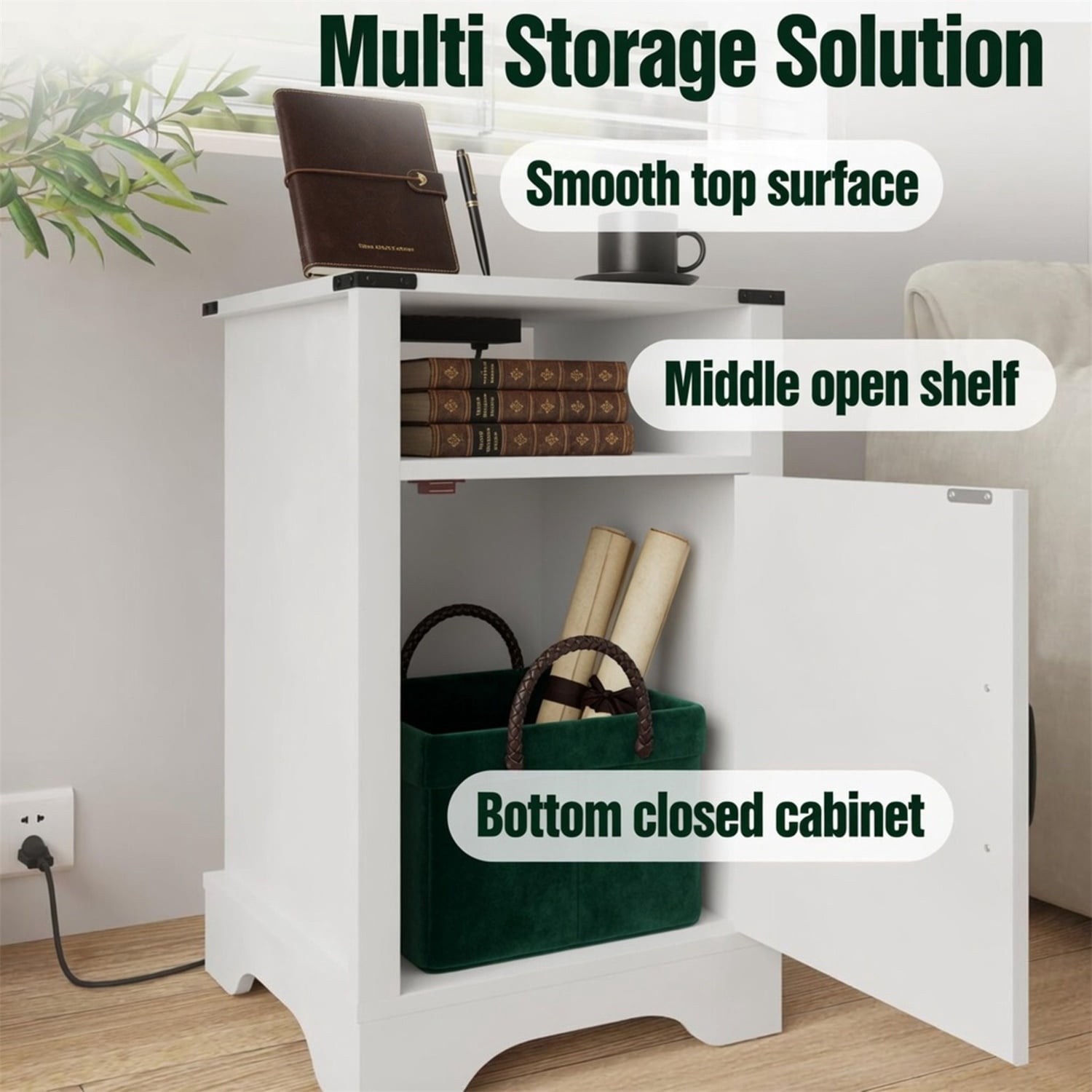 Hommoo 16"W Farmhouse Nightstand Sofa Side Table with Charging Station & Shelf Storage, White
