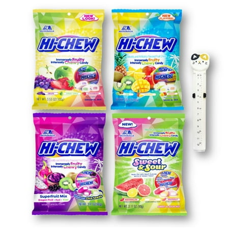 Hi-Chew Fruit Chewy Candy Peg Bag Mix 4- Pack Varieties with Animal Design Calendar Storage Bag Clip (Original, Tropical, Superfruit, and Sweet & Sour Mix 3.53 Oz. X 4