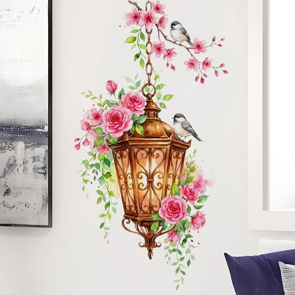 Watercolor Pink Flower Chandelier Wall Decals, Removable Self-Adhesive Decorative Stickers For Living Room, Bedroom, Entryway,Home Interior Wall Decor, Party Background