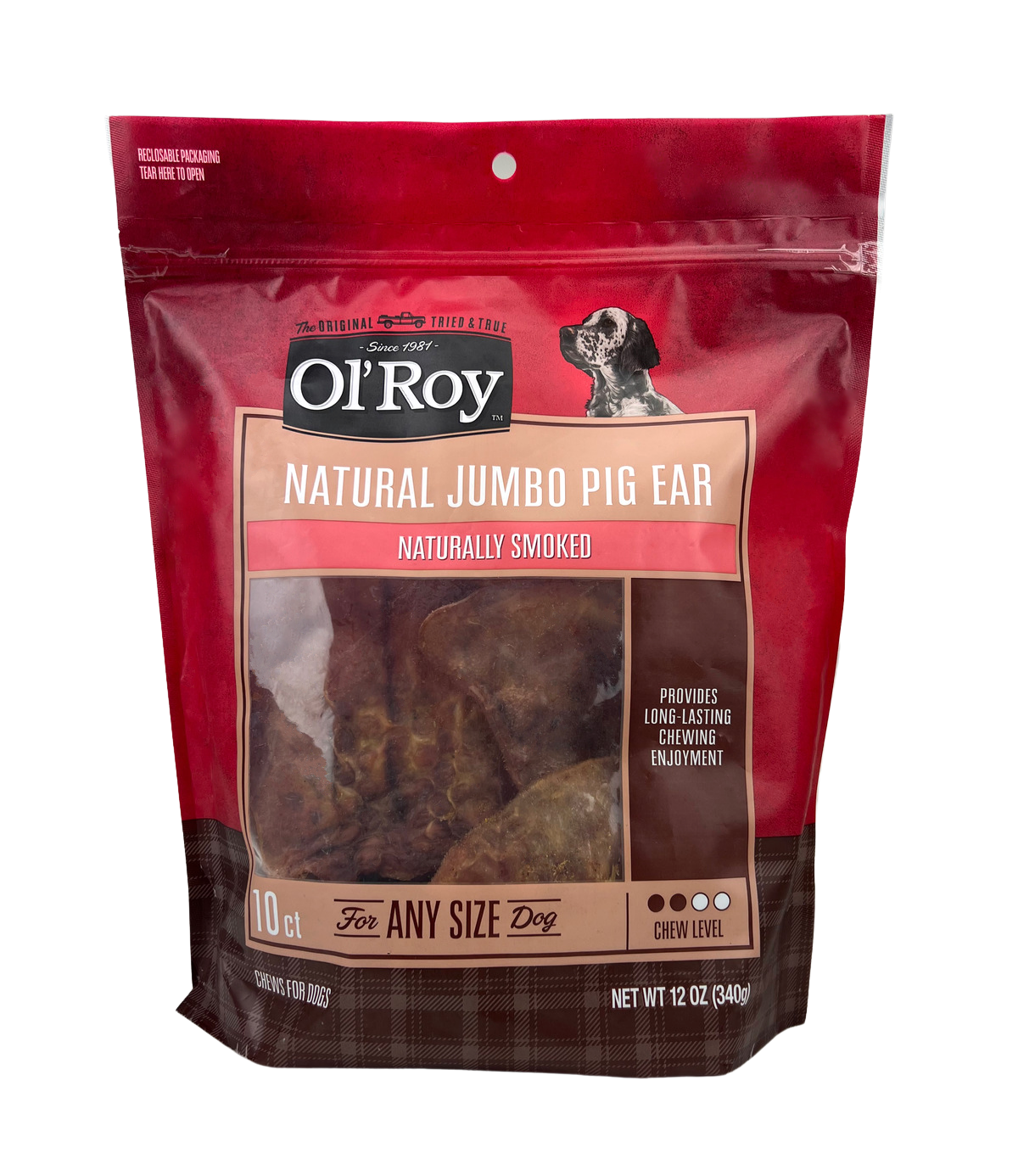 Ol' Roy Natural Jumbo Pig Ear Chews for Dogs, 12 oz, 10 Count