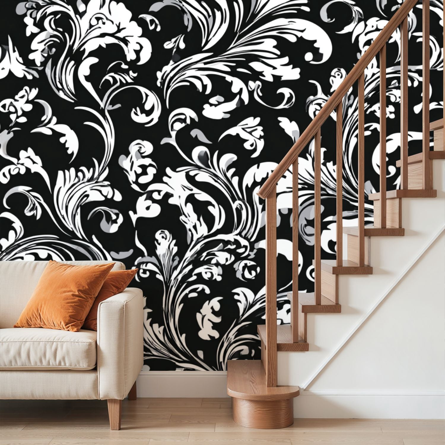 Wall Mural Peel and Stick Floral baroque damask Seamless Black white ornament Self-Adhesive Wallpaper Removable Wall Decal Wall Sticker Home Decor for Living Room Bedroom 100"x144"