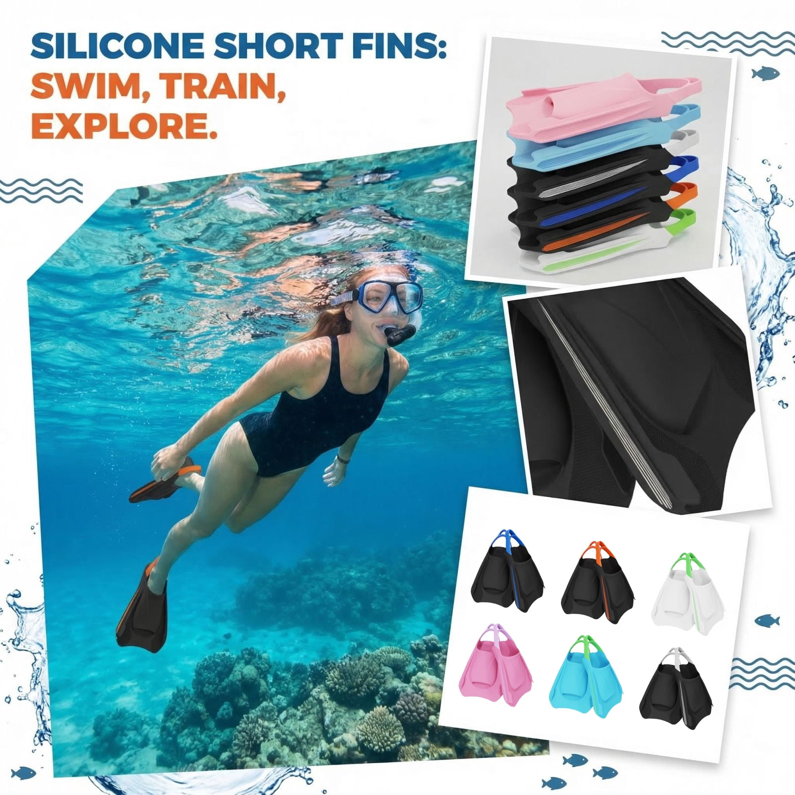 Short Silicone Fins for Freediving Swimming Snorkeling, Professional Training Flippers for Adults, Lightweight Comfort Fit, White L