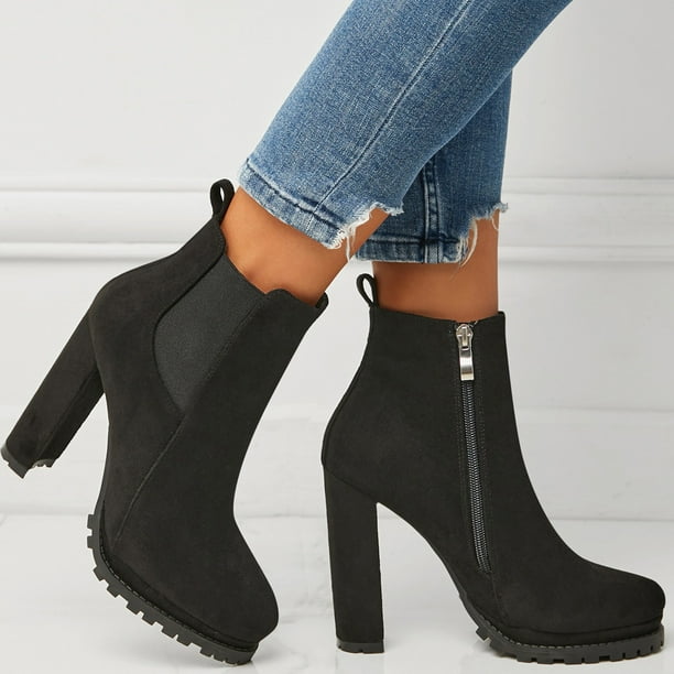 VARECOLA Women's Suede Ankle Boots - Chunky Block Heel, Side Zipper, Round Toe Booties For Casual & Office