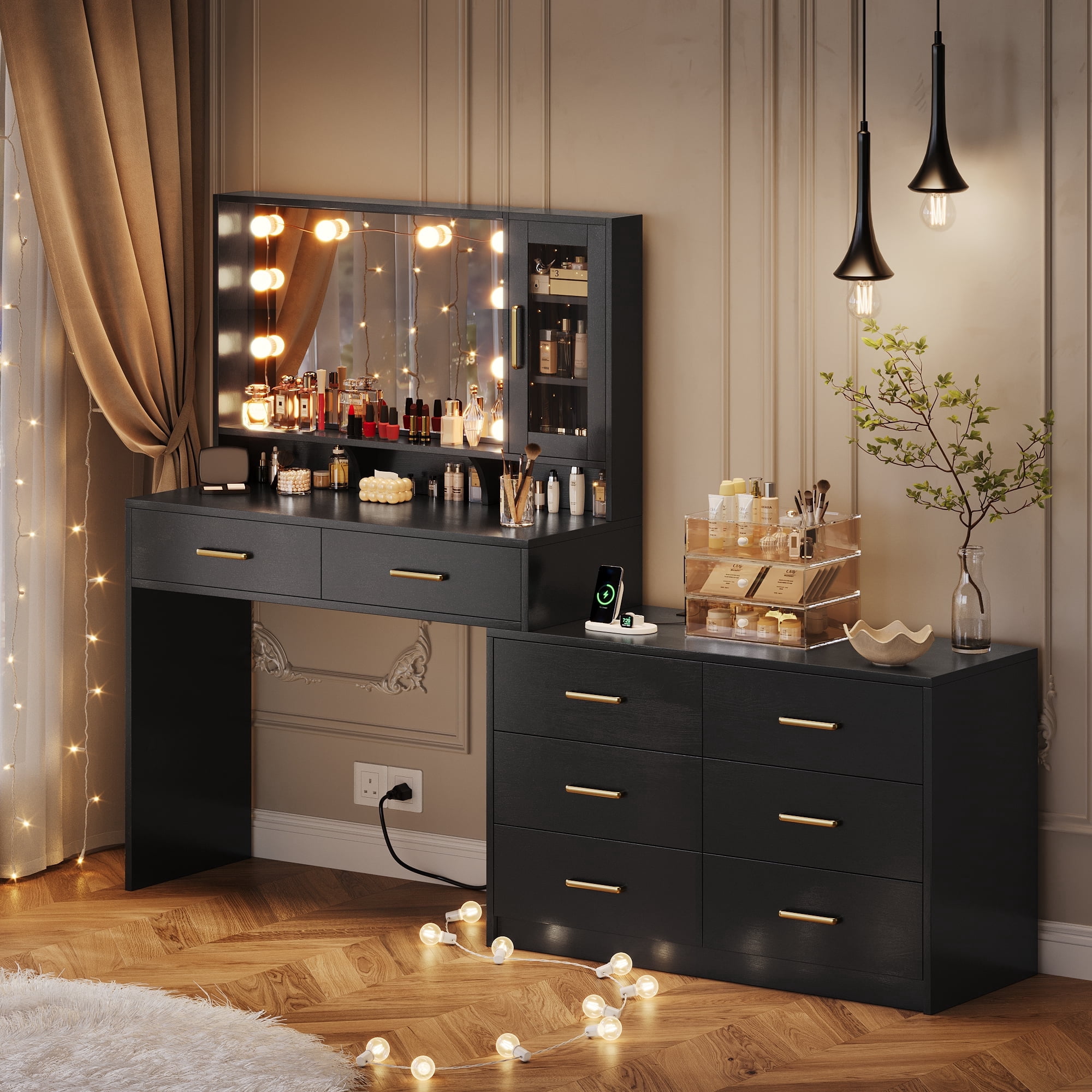 UGTOO 2-in-1 Flexible L-Shape Black Vanity Desk with Lights and Outlets, Large Makeup Vanity with 8 Drawers & Acrylic Cabinet, Modern Corner Dressing Table