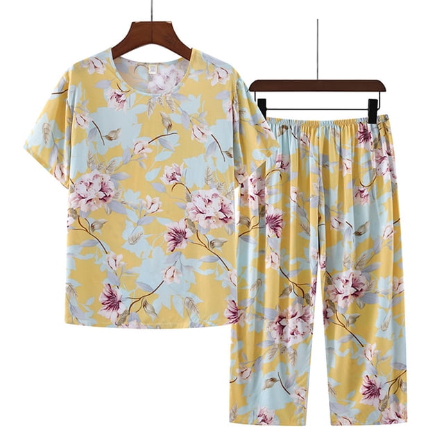 Qertyioot Ensemble de Pyjama T-Shirt pour Femme en Mélange de Coton Été Deux Pièces Manches Courtes Col Rond Hauts Imprimés Pantalons Grande Taille Moins de 15 $