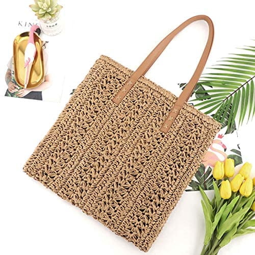 LinYooLi Women Straw Crochet Tote Bohemian Summer Beach Bag Large Handmade Shoulder Bag