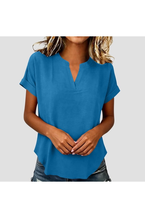 Women's Notched Neck Rolled Short Sleeve Loose Fit Blouse Casual Lightweight Everyday Office Top