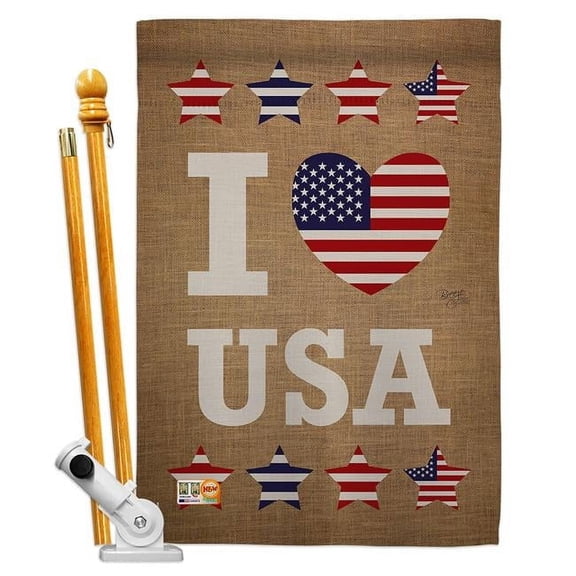 Breeze Decor BD-PA-HS-111067-IP-BO-D-US14-BD 28 x 40 in. I Love USA Americana Patriotic Impressions Decorative Vertical Double Sided House Flag Set & Pole Bracket Hardware