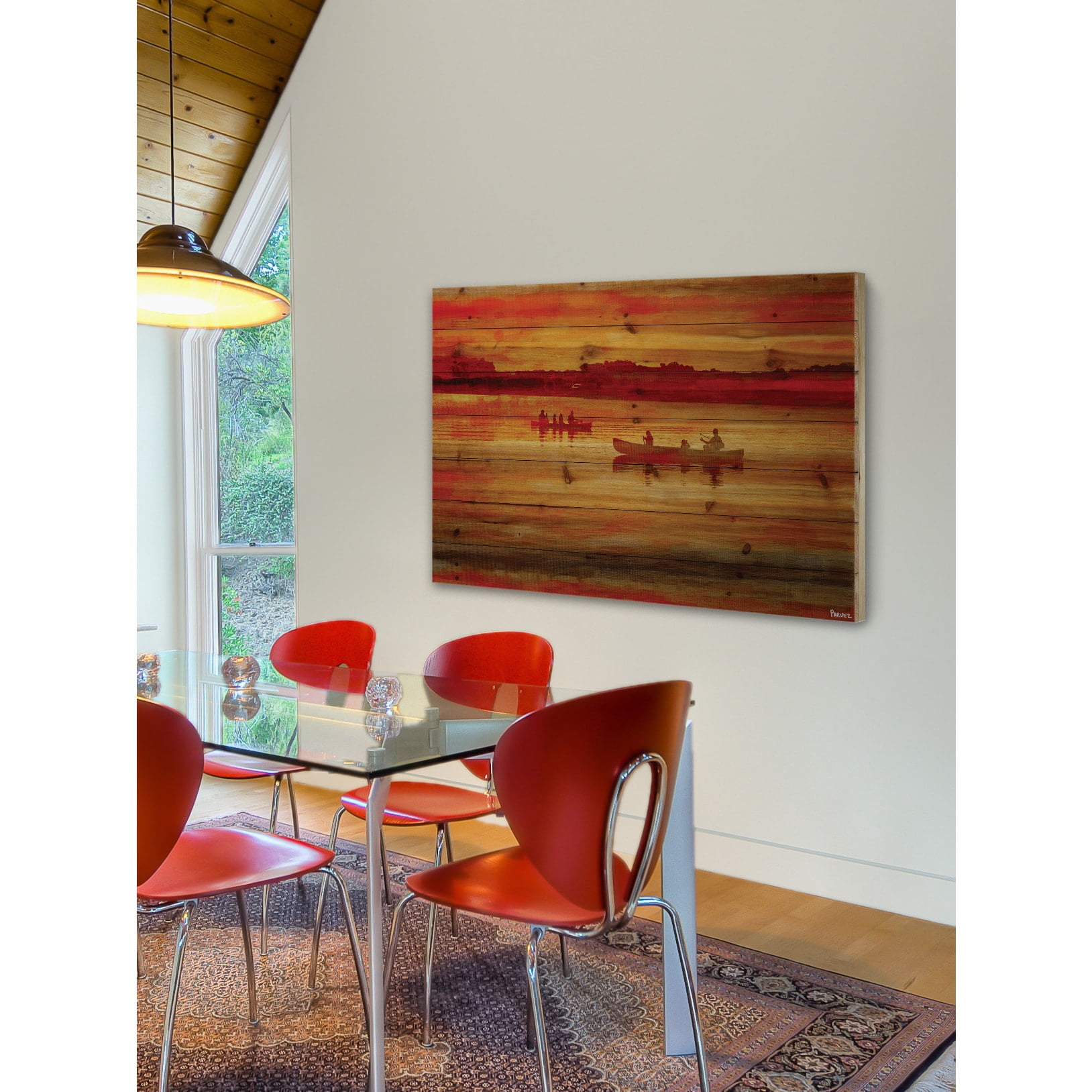 Parvez Taj  - Sunset Paddle Painting Print on Natural Pine Wood - Multi-Color 36 x 24