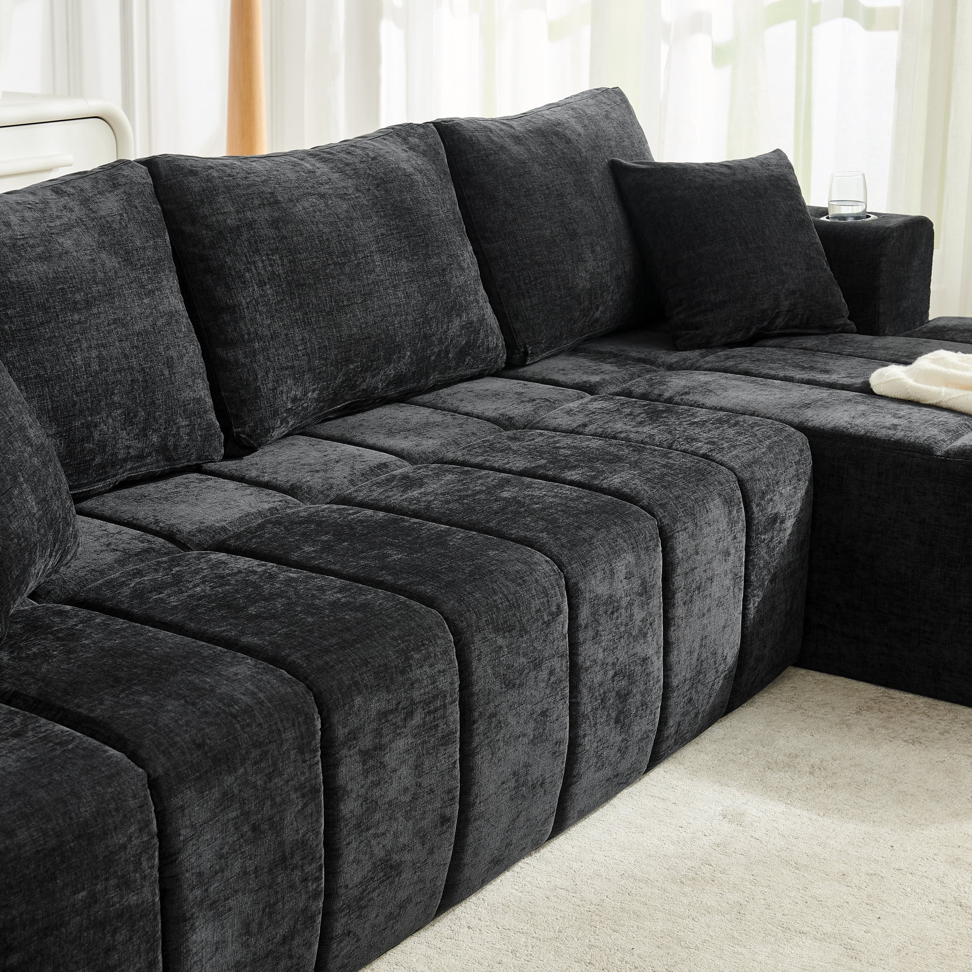 Leumius 108" L-Shaped Sectional Sofa,Chenille Boneless Couch, Modern 3-Seat Upholstered Cloud Couch Sectional with Deep Seat and Cup Holders for Living Room,No Assembly Required,Black