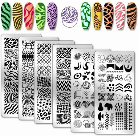 6pcs Nail Stamp Plate Set Leopard Print Nail Art Stamping Plate Tree Texture Nail Art Stencils Stainless Steel Line Pattern Nail Image Plate
