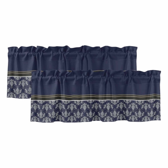2 Pack Valances for Window, Boho Navy Blue Flower Short Curtains for Kitchen Bedroom Living Room, Abstract Bohemia Pesley Floral Rod Pocket Small Window Treatment Valance Drapes 42 x 18 Inch