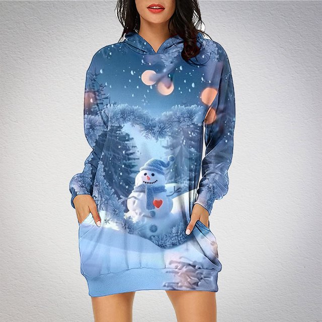 RKSTN Robes pour Femmes de Noël Imprimées Amples Robe Passe-Partout à Capuche Robe Chandail à Double Poche Robes Coupe Ample