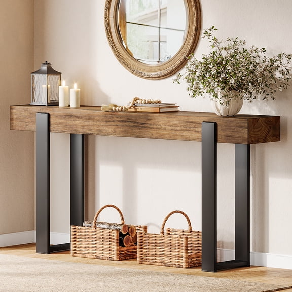 Finmind Long Solid Wood  Console Table, 63-Inch Sofa Table Behind the Couch with Metal Support, Farmhouse Entryway Furniture for Entrance, Hallway, Living Room, Rustic Brown & Black