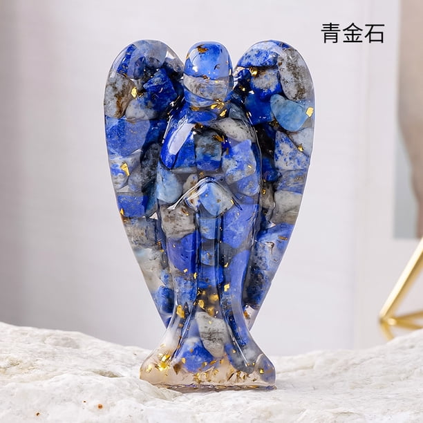 Xiao Hua 1 pieza de adorno de ángel de resina con goteo de piedra rota de cristal azul natural, ángel de cristal, piedra natural, resina, artesanía, adorno para decoración del hogar