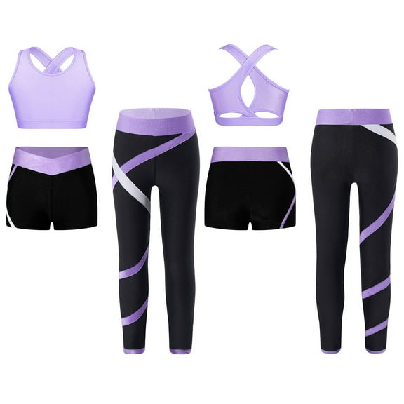TiaoBug Kids Girls 3 Piece Active Sports Tracksuits Crop Top Vest with Booty Shorts Leggings Set Lavender 8
