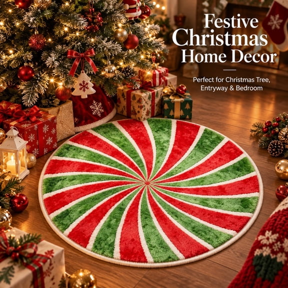 WWC Christmas Peppermint Swirl Round Area Rug, Classical Red Green White Candy Cane Spiral Floor Mat, Christmas Decor Door Mat for Party and Entryway