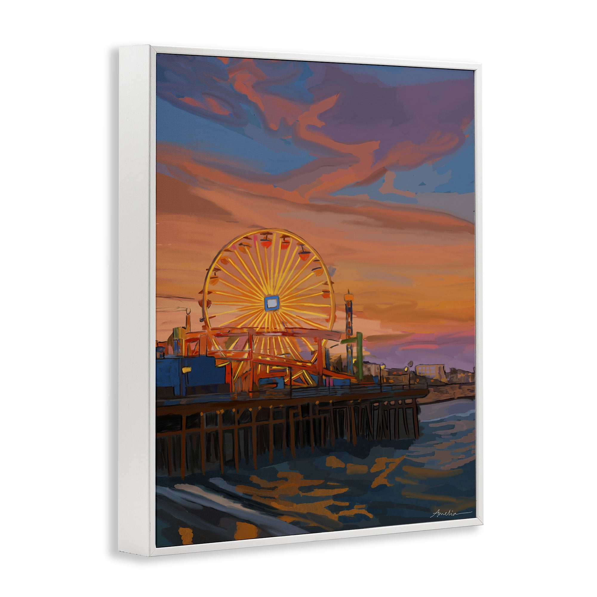 Stupell Industries Santa Monica Pier Sunset White Framed Giclee Art, design by Amelia Noyes